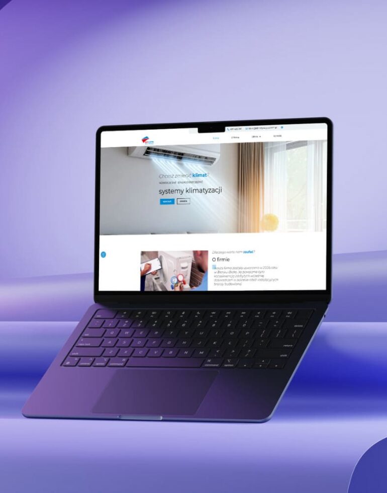 Laptop na fioletowym tle z wyświetloną stroną Accom i sekcją systemy klimatyzacji oraz opisem firmy